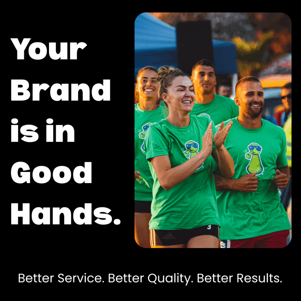 Picture of a group of runners wearing the same event t-shirt with white words over to the left that read "Your Brand is in Good Hands."